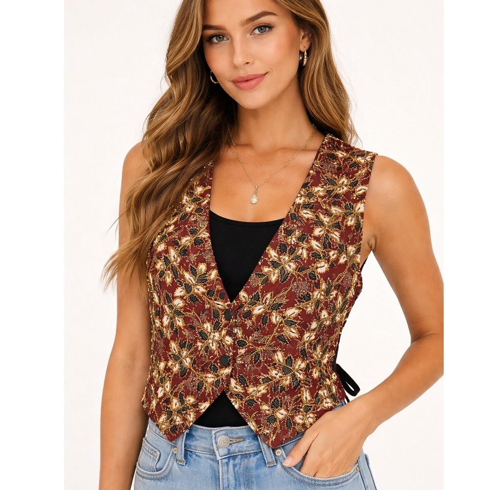 Ellen Ashley‎ Vest Beaded Floral Cotton Burgundy Vintage Style Large